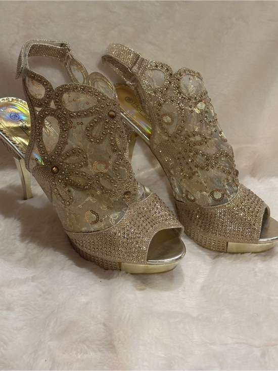 Hot Tomato Shoes - Hot Tomato Gold Sequin Mesh Peep-Toe Heels